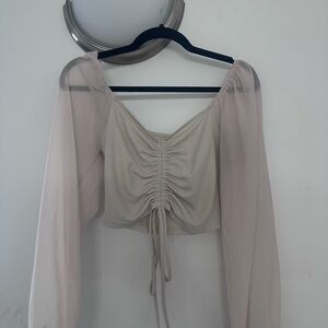 SHEIN Sheer Sleeve Ruched Blouse in Tan